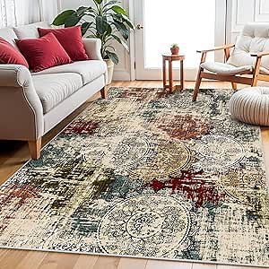 Living Room 6x9 Rug: Modern Abstract Non Slip Area Rug for Bedroom Ultra Soft Stain Resistant Low Pile Indoor Floor Home Decor Carpet 6x9 Red Green Multi