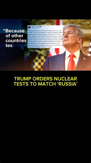 ANOTHER COLD WAR ARMS RACE AHEAD? TRUMP ORDERS IMMEDIATE NUCLEAR WEAPONS TESTING TO MATCH RUSSIA AND CHINA ⚠️💥 • President Donald Trump has directed the Pentagon to immediately resume nuclear weapons testing, breaking a 33-year U.S. moratorium. Citing advancements in Russia’s and China’s nuclear programs, Trump stressed the need for America to test “on an equal basis” to maintain strategic superiority. This move signals a sharp shift in nuclear policy as global tensions rise with Moscow and Bei