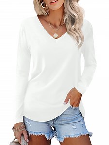JYLFC Women T-Shirts Long Sleeve Tee V Neck Loose Tops Solid Shirts, White 2XL