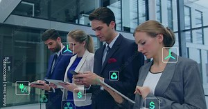 Using devices, business professionals with environmental icons animation in office background