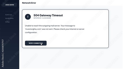 Network error dashboard showing 504 gateway timeout with retry connection button for mail server