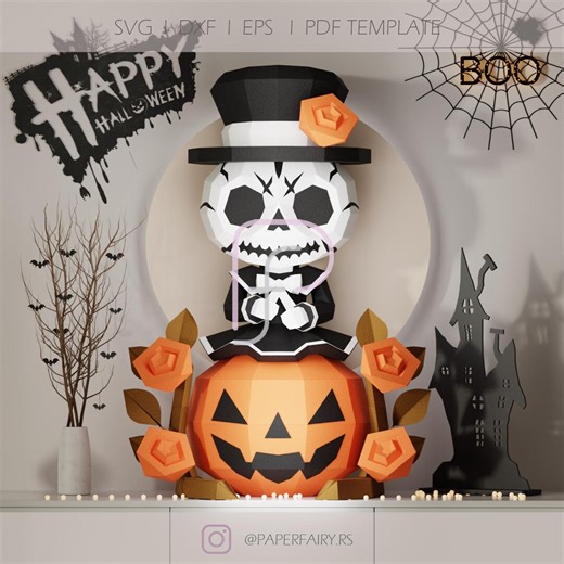 3D Skeleton on Pumpkin Papercraft Template – Jack-o’-lantern Low Poly Paper Model, DIY Halloween SVG Pdf Dxf Files for Cricut & Silhouette - Etsy