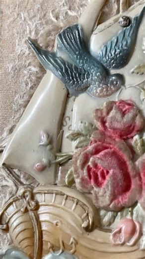 Beautiful 1910s postcard details with flocking deep embossed paper & celluloid & fur like background