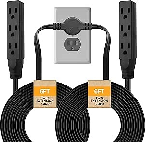Twin Extension Cord, 12 Ft Flat Wall Plug, 6 Feet on Each Side, 3 Prong Power Strip with 6 Outlets, Double Extension Cord Splitter for Behind Bed, Couch, Nightstand, Furniture, Black