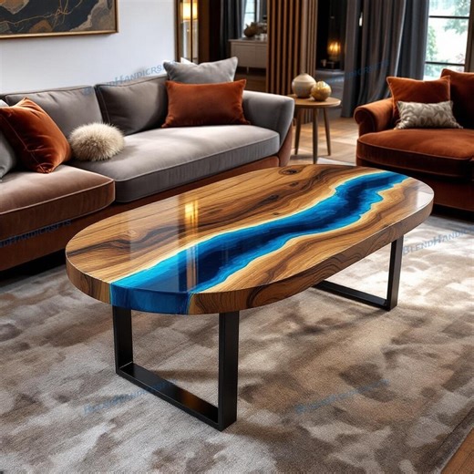 Blue Epoxy Oval Coffee & Dining Table Natural Acacia Wood Handmade Luxury Table Custom Made - Etsy