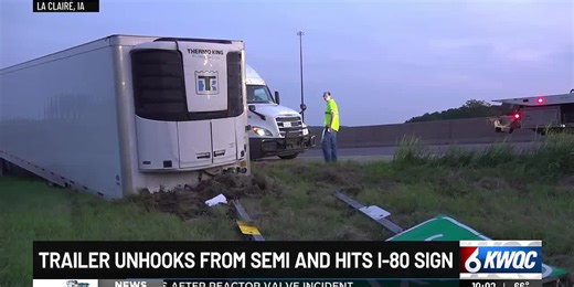 Semi loses trailer on I-80, hits sign