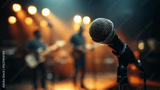 Microphone on stage with live band background