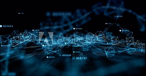 Abstract digital visualization of blockchain technology featuring interconnected lines and geometric shapes on dark background. Ideal for concepts related to data, technology, and network security.