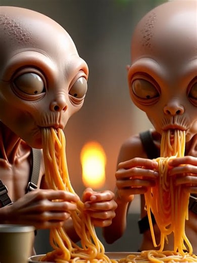 Alien eats spaghetti