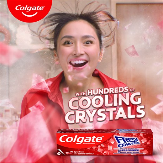 Like Kathryn, start your day with Colgate Fresh Confidence! With hundreds of cooling crystals that give you an instant jolt of freshness! C0069P090525C | Colgate