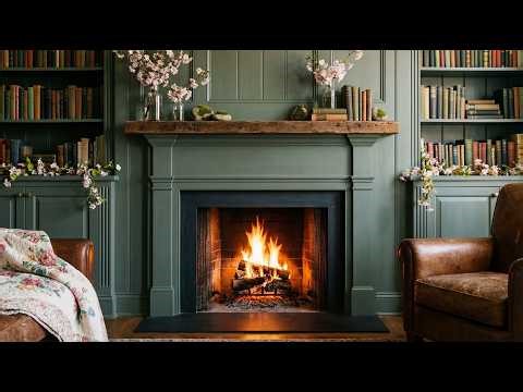 Cozy Library Fireplace Ambience 🔥 Crackling Fire in Book-Filled Room 4K | No Music