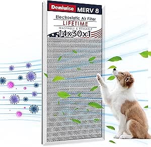 14x30x1 Electrostatic Air Filter, MERV 8 Reusable Aluminum AC/HVAC Furnace Filter, Lifetime Washable Permanent Air Filter, Easy to Clean, Increases Airflow(Actual Size:13.50x29.52x0.82)