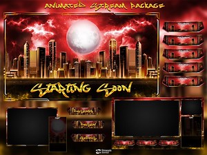 Animated Cyberpunk City Twitch Overlay Pack, Cyber Skyline Stream Overlays, Urban Night Blood Moon Storm Stream, Red Gold Streaming Bundle - Etsy