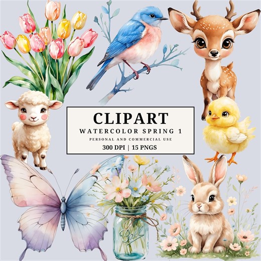 Spring Clipart PNG | Watercolor Spring Clipart | Easter Clipart PNG | Cute Animal Clipart | Flower Clipart | Commercial Use Instant Download - Etsy
