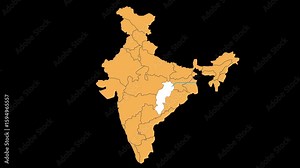 Chhattisgarh map animated video. Chhattisgarh location in India highlighted color with transparent background in video format, Map of India . Map with artificial intelligence concept