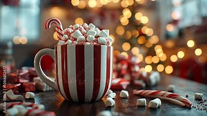 A mug of hot chocolate with marshmallows and a candy cane on top. The image has a cozy and festive mood, with the candy cane and marshmallows adding a touch of holiday cheer