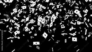 Playing Cards Falling On Black Background. 4 Type Of Card Are Falling Hearts, Clubs, Diamonds And Spades. Loop Animation Of Casino Cards Gambling Background
