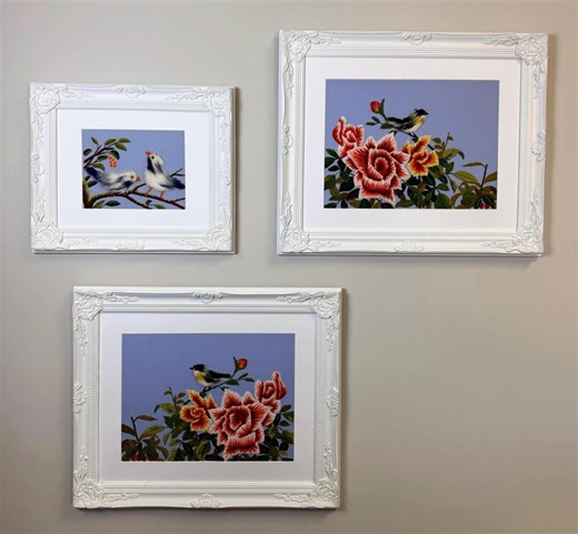Vintage Needlepoint Bird Wall Art Set | Framed Floral Needlework | Cottagecore Decor | 1970s Textile Art | White Frames - Etsy