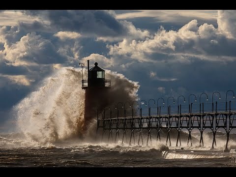 Massive waves take on Lake Michigan lighthouses