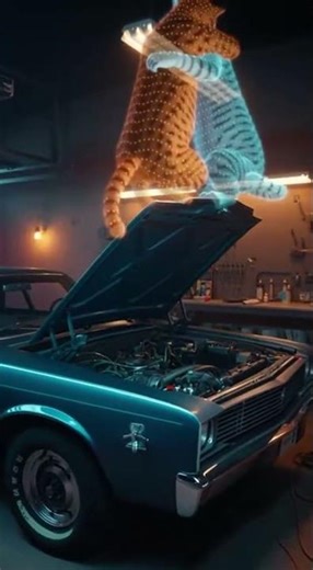 The cats are actually digital holograms fixing a car An error in the code causes them to flicker