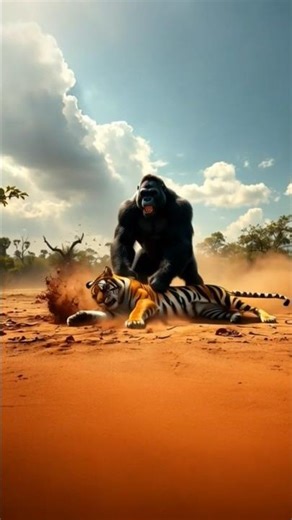 🦧🔥 You Won’t Believe How a Giant Chimpanzee Defeated a Massive Tiger! 🐅#trending #shorts