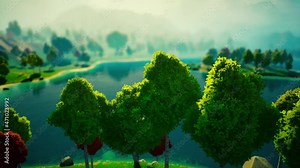 Cartoon Green Forest Landscape with Trees and lake