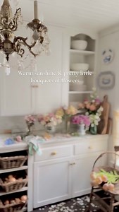 A kitchen corner full of dappled sunshine & vases full of flowers = a happy little kitchen corner ‘in bloom’ I took these photos when it was chilly winter weather outside - but you would never know by the way the warm sun & flowers are lighting this cozy corner in our kitchen up. #cozy #kitchen #springflowers | French Country Cottage