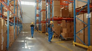 Retail Delivery Warehouse full of Shelves with Goods in Cardboard Boxes, Workers Scan and Sort Packages, Move Inventory with Pallet Trucks and Forklifts. Product Distribution Logistics Center. Dolly