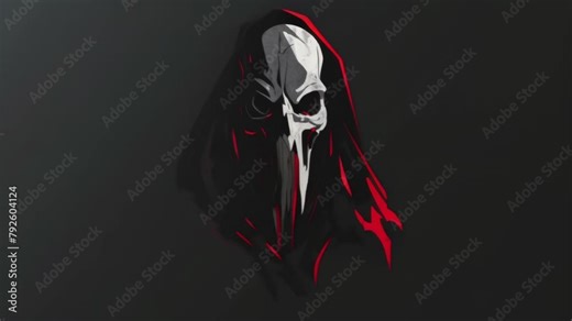 The Grim Reaper wearing a red hood and baring sharp fangs. His red eyes glow against the black background, creating an eerie atmosphere.