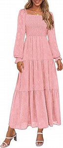 PRETTYGARDEN Women's Fall Floral Midi Dress Long Sleeve Smocked A Line Long Flowy Elegant Wedding Guest Dresses