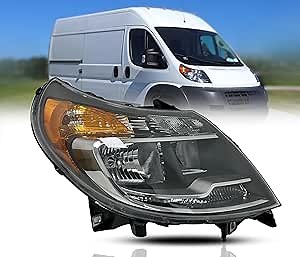 ALLIGATOR AUTO LIGHTS Headlight Assembly Replacement for Ram 2014-2022 ProMaster 1500, 2500, 3500 Right/Passenger Side Halogen Headlamp including Bulbs without DRL DOT/SAE Compliant