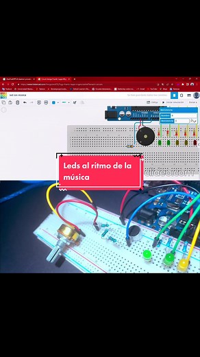 Proyecto de arduino: Leds al ritmo de la música El proyecto se realizo con un micrófono electreto o electret, 6 leds con aus resistencias de 220 ohms, potenciometro de 10k y resistencia de 3k. En la simulacion se colocó un piezo o buzzer para representar el micrófono. . #led #arduino #arduinoproject #arduinomaker #aprendeentiktok #programming #futur #autamatizacion #robotics #engeneering #circuits #mecatronica #robotica #programacion #microfono #micrófono #tecnología #musica #music #beat #ritmo 