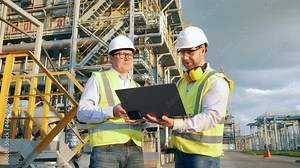 Oilfield engineers in hardhats are using communication devices