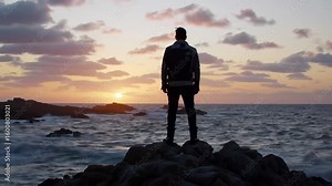 Man standing on rocks at sunset over ocean