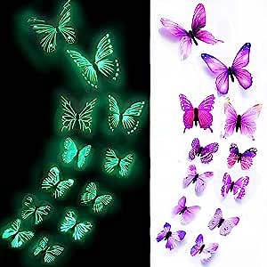 3D Butterfly Stickers, Glow in The Dark Butterfly Decals for Ceiling or Wall Decor, Adhesive 12pcs Butterflies for Kids Bedroom Nursery Living Room, Create a Realistic Butterflyry Home