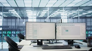 Lines of code running on computer screens in data center, used for troubleshooting rackmounts in server rows. Script working on PC monitors upgrading hardware, trucking right shot