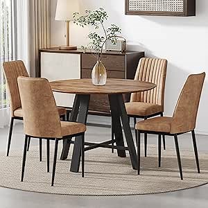 Round Dining Table Set for 4, Round Kitchen Table Chairs Set for 4,42" Modern Circle Dining Table Set for 4 with Leathaire Chairs for Small Space Kitchen Living Office Apartment