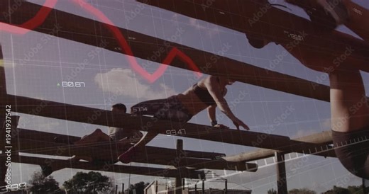 Two trainees dropping onto lower beams and traversing training course, HUD red waveform tracking