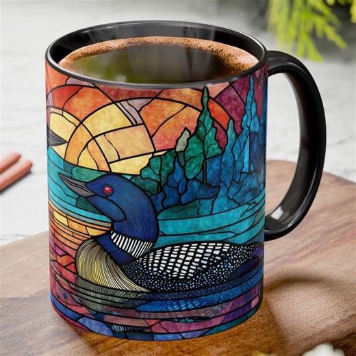 Loons Stained Glass Coffee Mug - 11oz & 15oz – Colorful Sunset Lake Art Cup, Nature Bird Gift, Northwoods Cabin Decor Ceramic Mug - Etsy