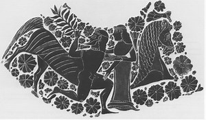 Drawing of a painted alabastron- Chiron and Chariklo.