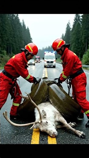 Giant Python Engulfs Deer on Highway! Emergency Crew’s Daring Rescue Mission