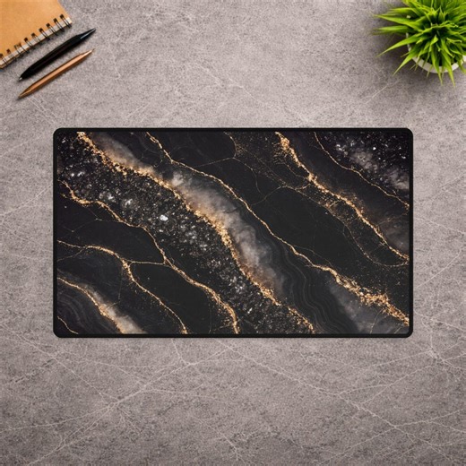 Dark Mineral Desk Mat - Luxury Executive Desk Pad, Black Stone Gold Veins, Large Desk Mat - Etsy