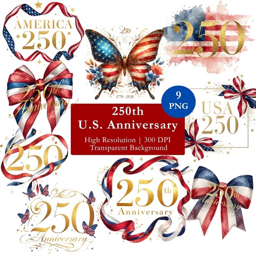 US 250 Years Anniversary PNG Bundle, Watercolor 4th of July Theme Clipart, Patriotic Illustrations America 250th Celebration, Commercial Use - Etsy