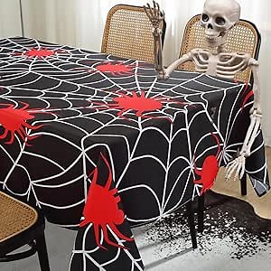 MATIRUG Halloween Tablecloth, Halloween Table Cloth with Spider Web Tablecloth, Waterproof Wrinkle Free Rectangle Tablecloth Polyester Fabric Table Cover for Halloween Party Decoration, Black
