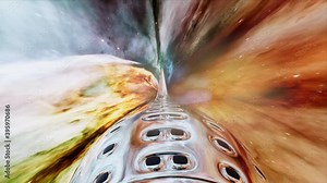 Starship at the speed of light through cosmos space and time. Heavy space ship travels through galaxies. 3D Animation render.