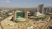 Aerial drone footage of modern African Union headquarters in Addis...