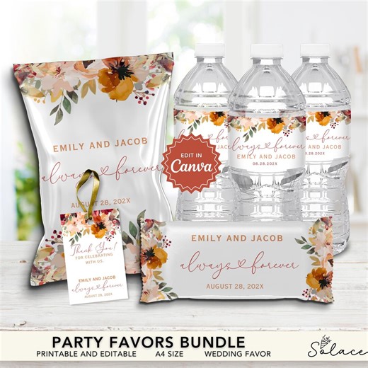 Terracotta Rustic Autumn Floral Wedding Favors Bundle, Chip Bags, Water Bottle Label, Thank You Tag, Chocolate Bar Label, Candy Bar Wrapper - Etsy