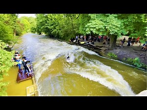 Surfing in Munich City - Eisbachwelle / Eisbach (Isar), Germany - 4k Video - Surfen in München
