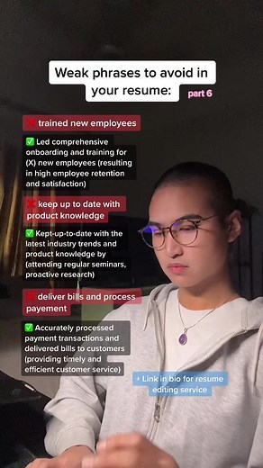 Part 6 | Enhance your resume by making these small rephrases to your resume! Feel free to leave any comments you need rephrasing in the comments. Link in bio for FREE AI Resume Scan & Resume Editing Service #fyp #resumeediting #resumehelp #resumetips #careermode #ai #jobhunting #careergoals #communicationtips #careertok