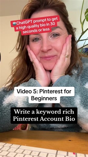Video 5 - Pinterest for Beginners video series - in today’s video in this no charge series, I am teaching you how to create a keyword rich Pinterest account bio in under 30 seconds with my help. Save this video later as it will help you create an optimized Pinterest account using the Pinterest Keywords I taught you to research yesterday. I hope you enjoy this Pinterest for beginners video training - a video series for people just starting on Pinterest. Or starting over. Here is the prompt to use